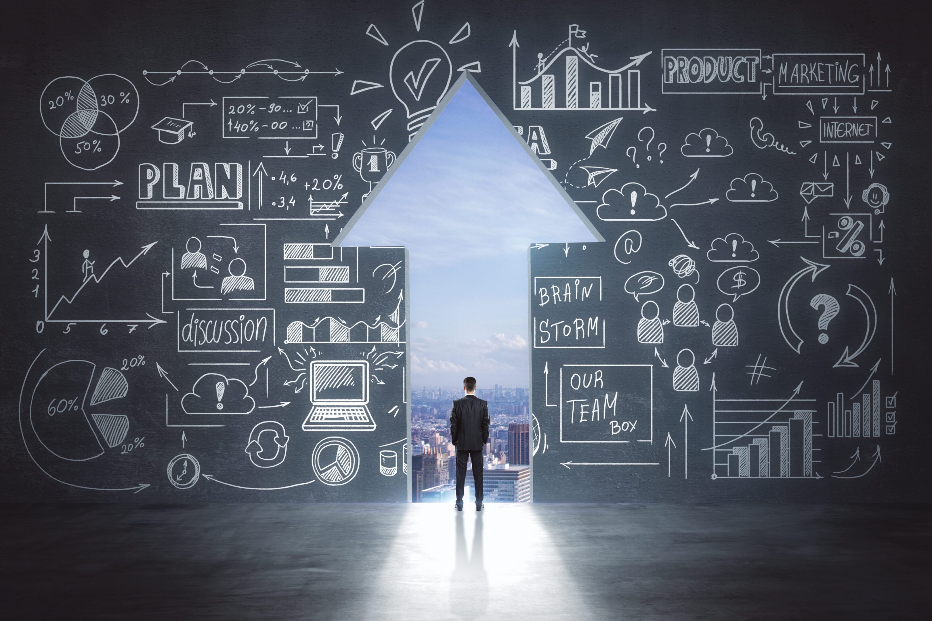 business idea sketch and businessman in arrow exit right solution concept with businessman standing in arrow exitand looking at city skyscrapers and business idea sketch on dark wall