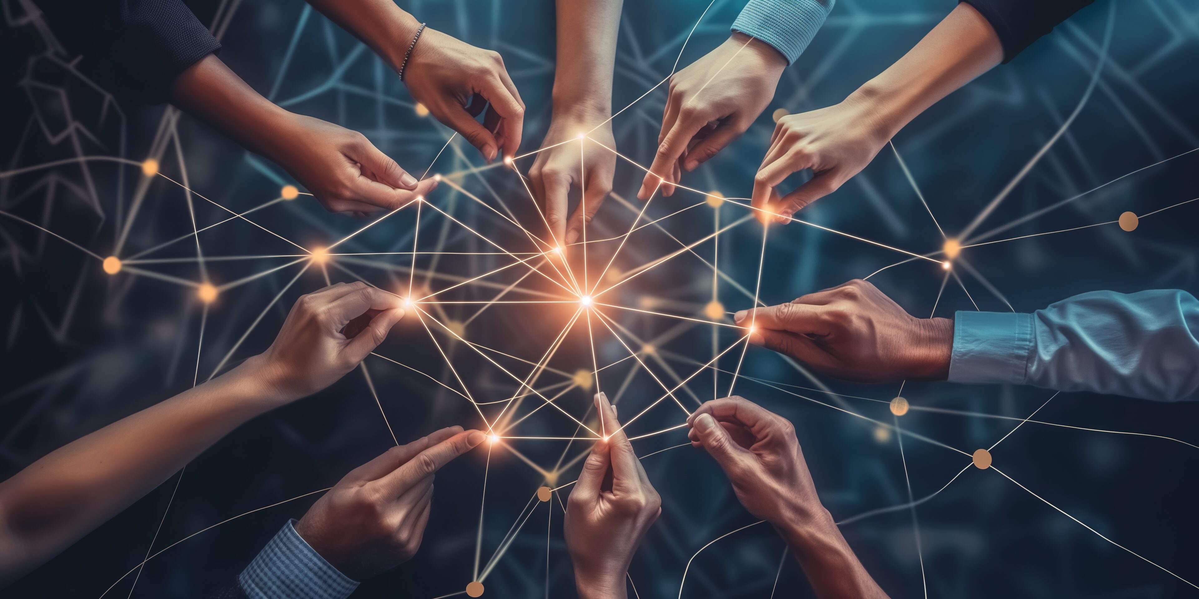 People connecting hands, symbolizing teamwork with a graphical network overlay of points and lines People connecting hands, symbolizing teamwork with a graphical network overlay of points and lines